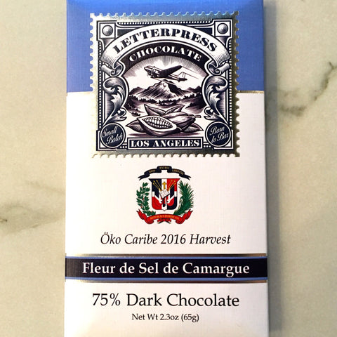 Letterpress Oko Caribe Fleur de Sel de Camargue 75% Dark Chocolate Bar